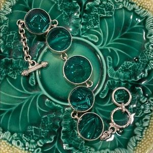 Teal Glass and Sterling China Baroque Bracelet